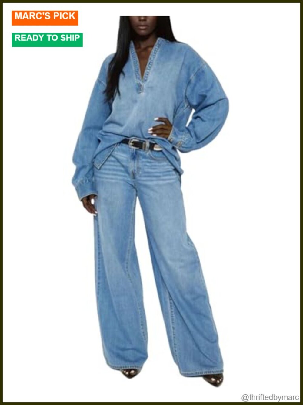 2 Piece Denim Outfit for Women Long Sleeve Top Wide Leg Jeans Y2K Streetwear Set